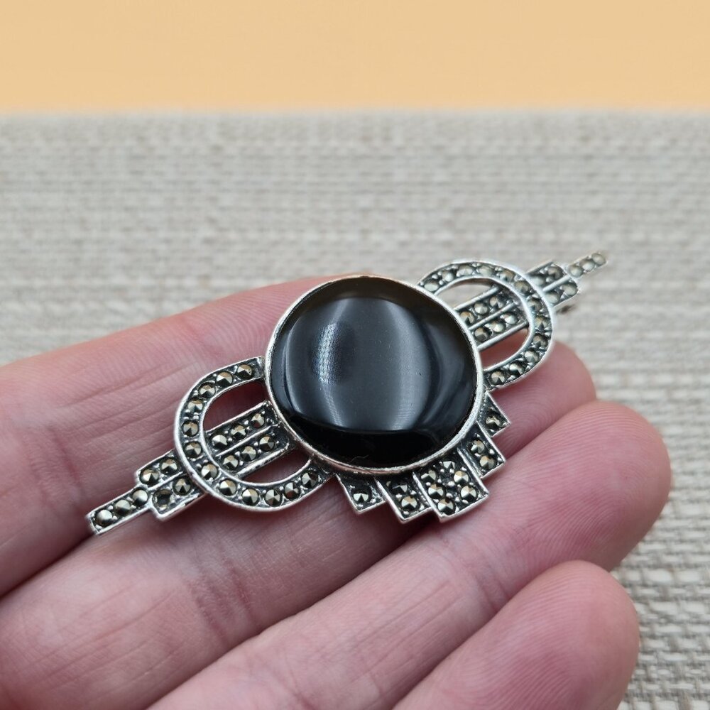 Sterling Silver Black Onyx And Marcasite Stones Pin Brooch B780 - Picture 4 of 8